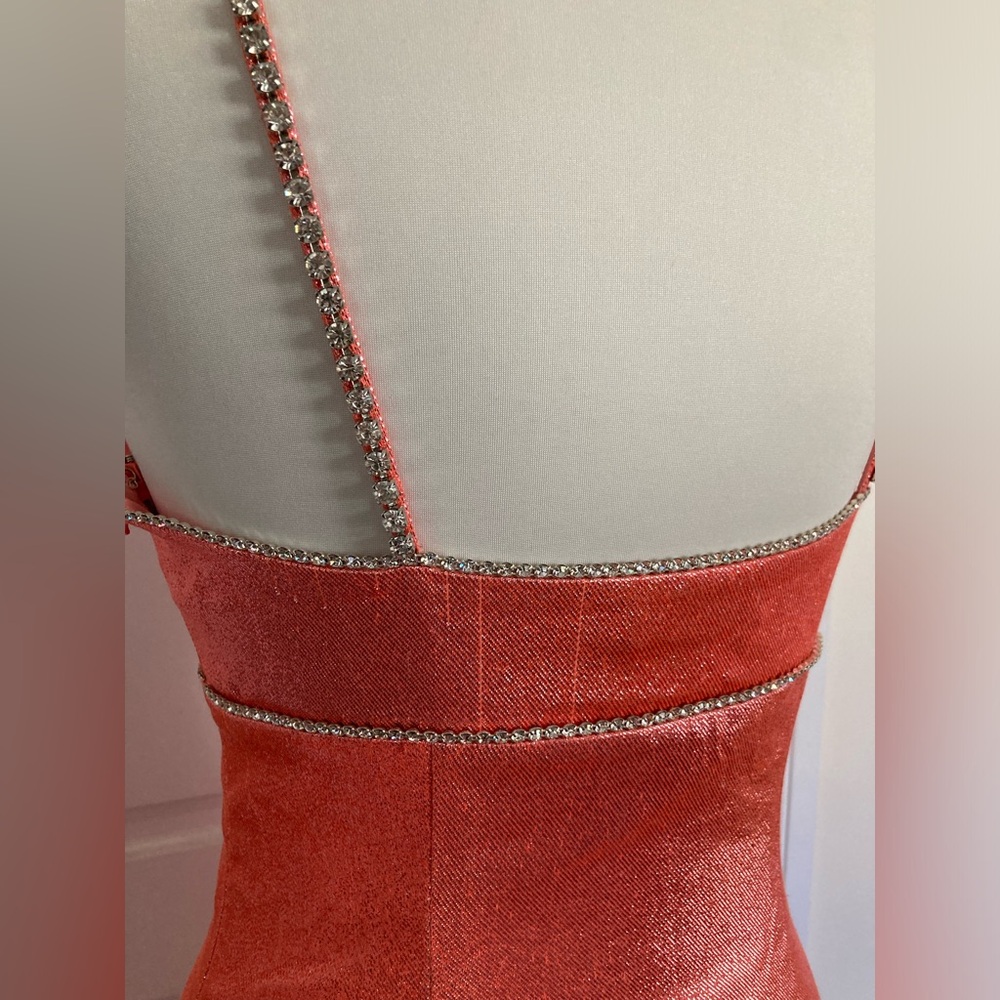 AREA Mini Dress in Crystals Embellished Trim & Metallic Coral - Picture 12 of 16